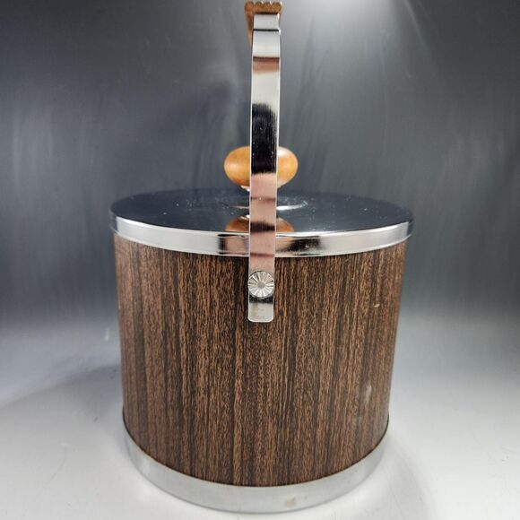 Atapco Chrome Wood Ice Bucket Vintage MCM w Lid Plastic Liner Tongs VTG Barware - Picture 7 of 13